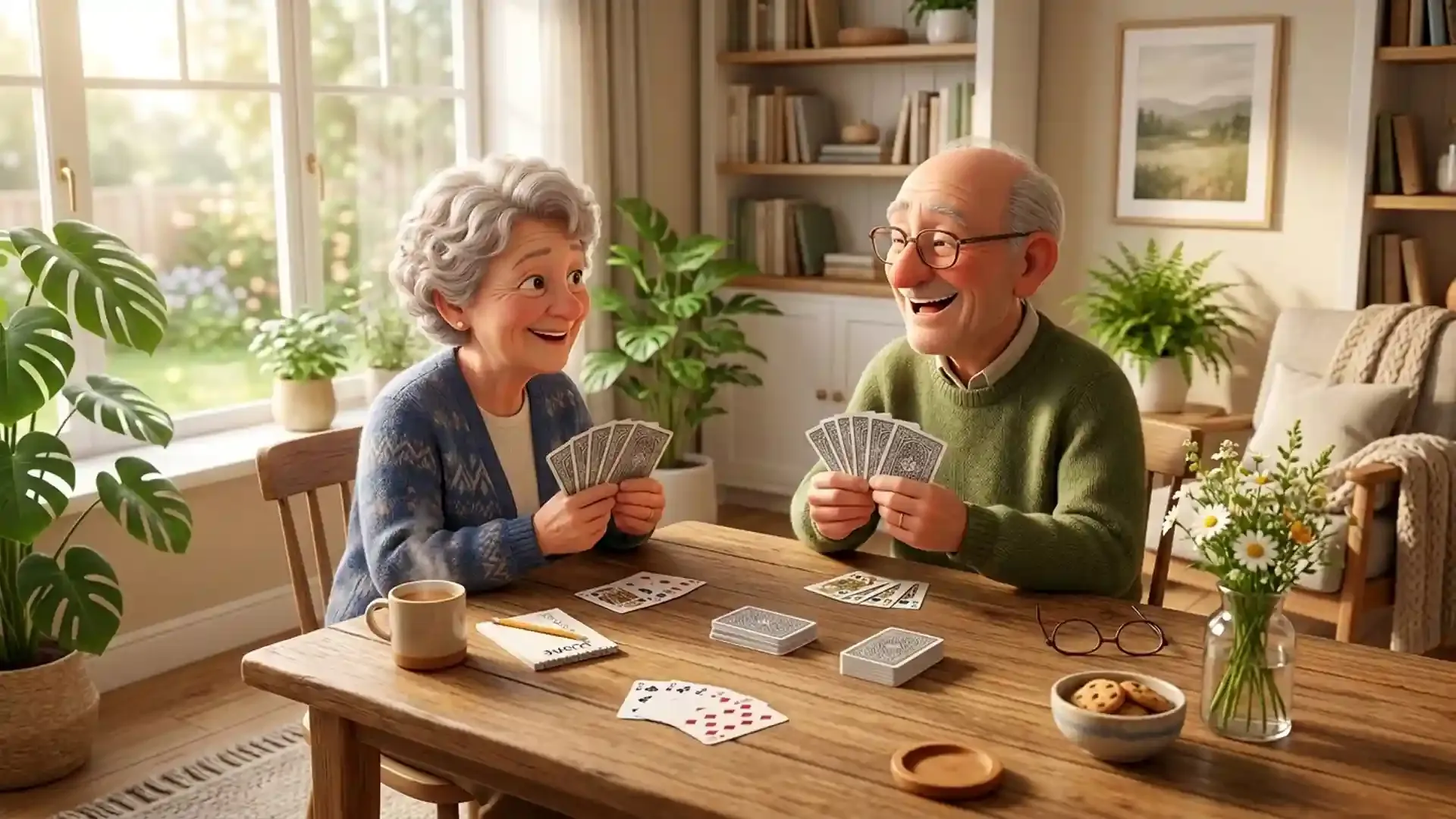 Senior couple enjoying a classic card game together at home in a bright and cozy living room.