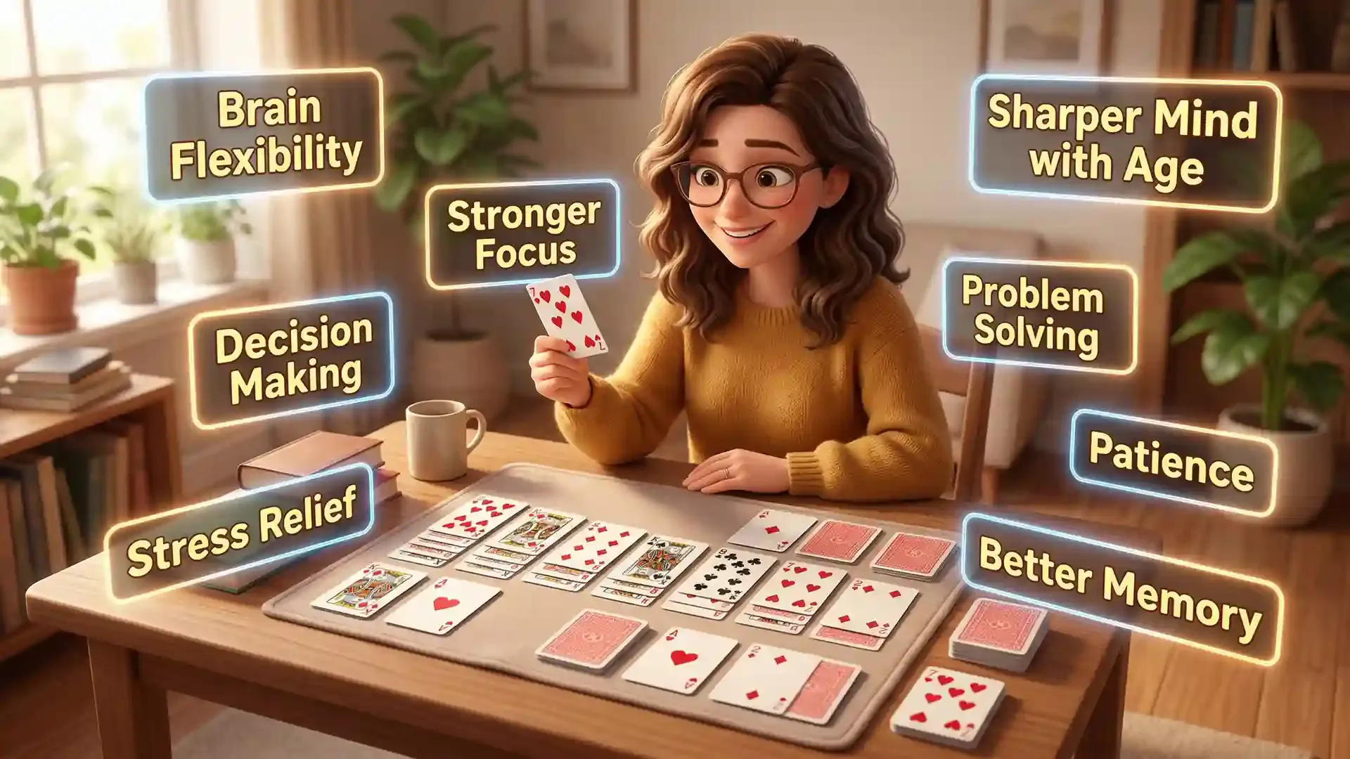 Illustration of a woman playing solitaire at a table with highlighted mental benefits such as improved focus, memory, decision-making, and stress relief.